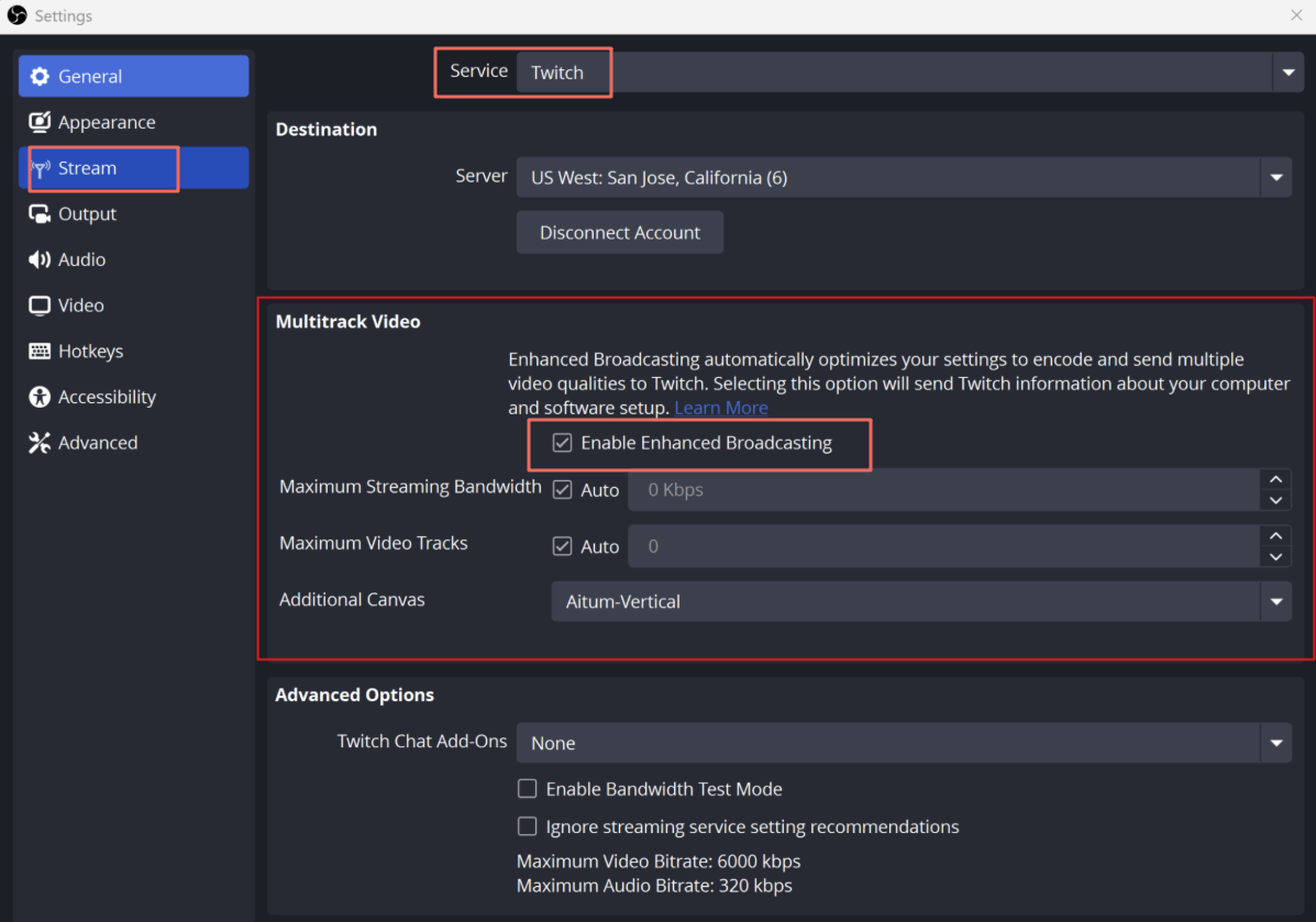 best obs settings for twitch enhanced broadcasting