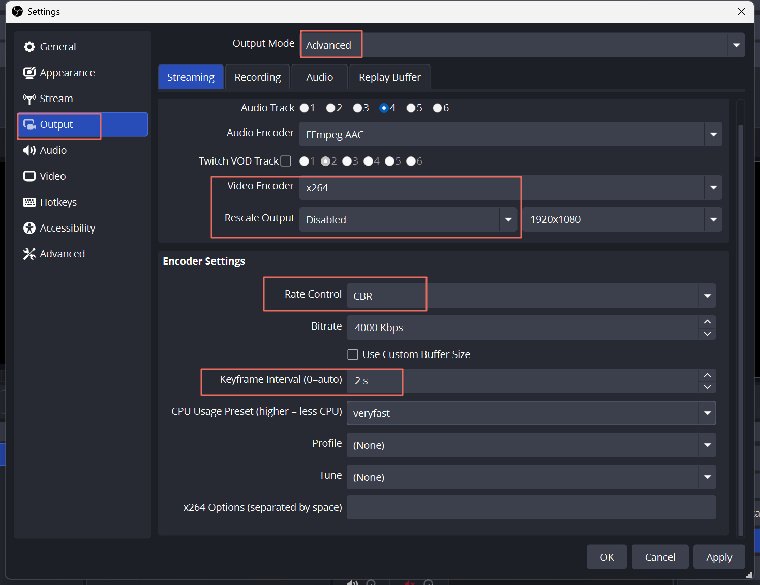 best obs settings for twitch output