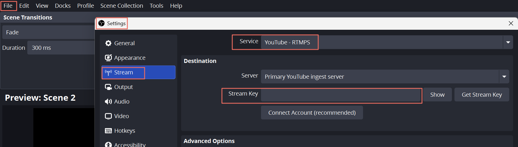 connect youtube with obs