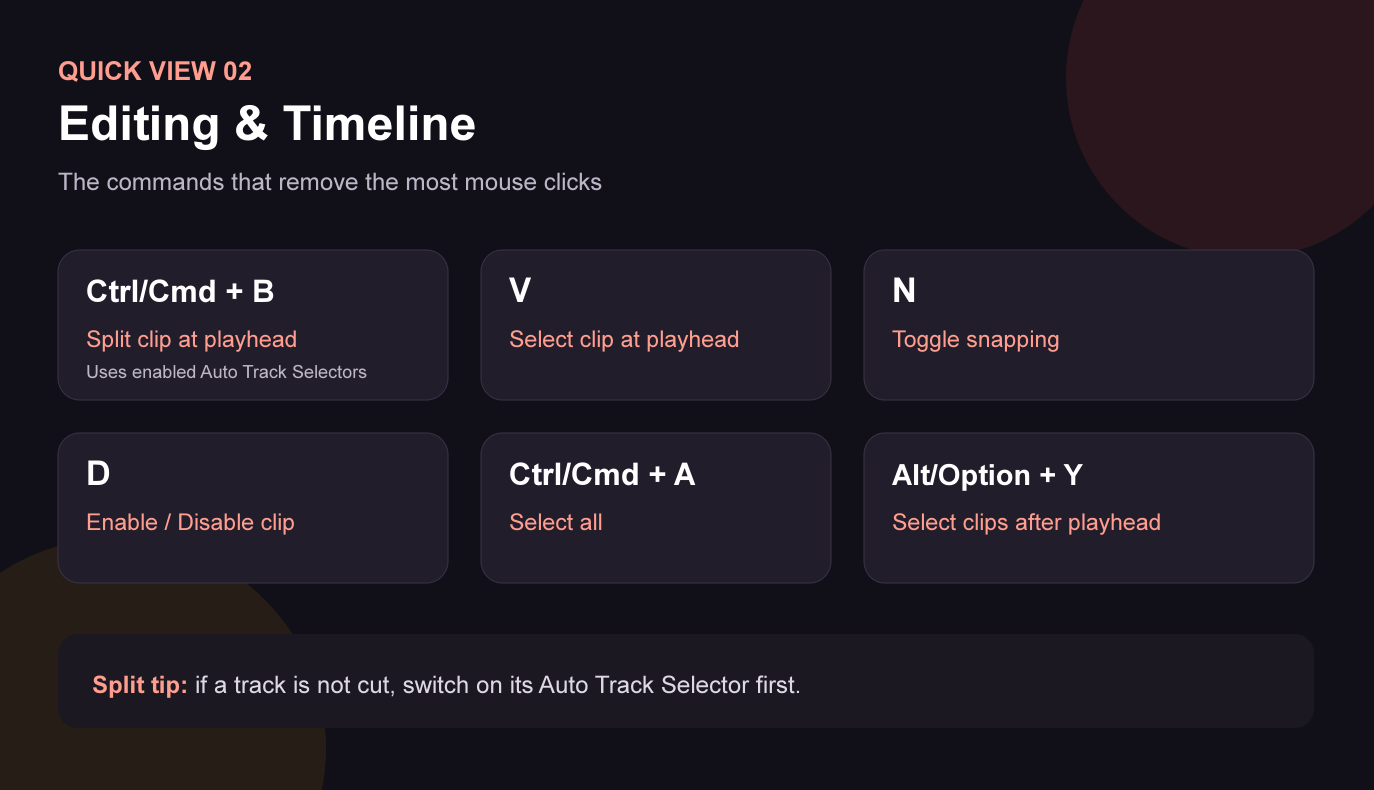 davinci shortcuts editing timeline