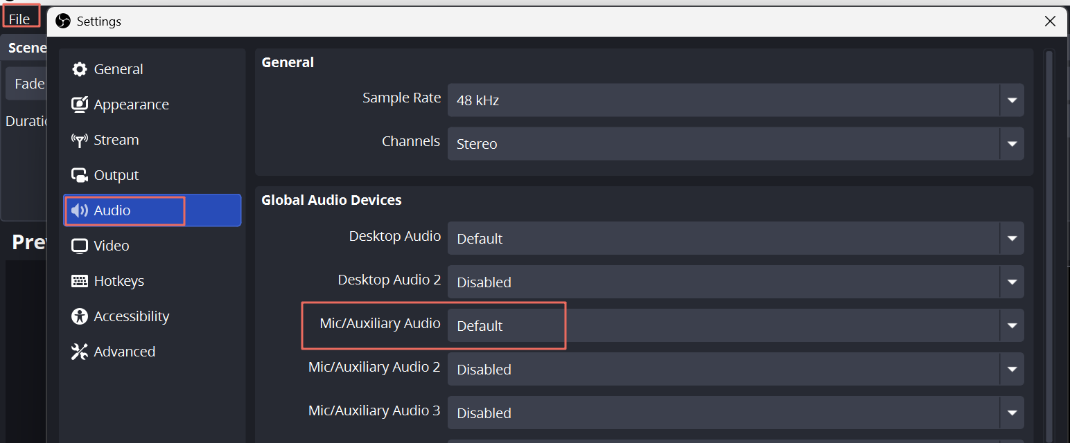 obs audio setting