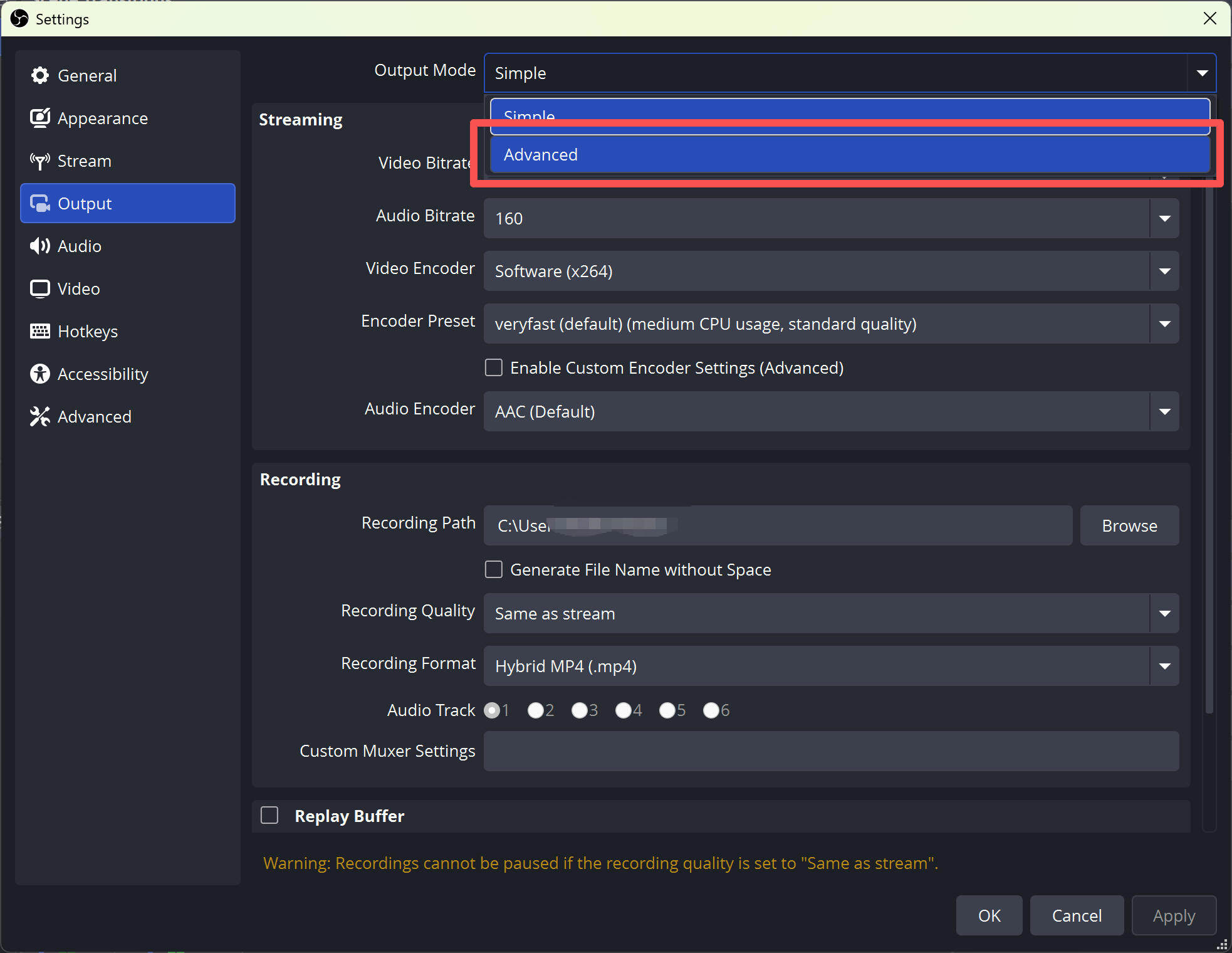 obs output mode advanced