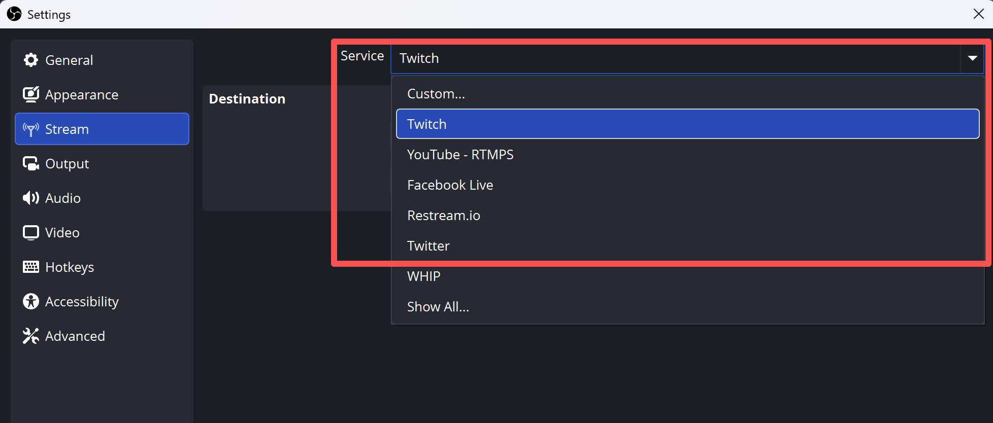 obs setting stream platform