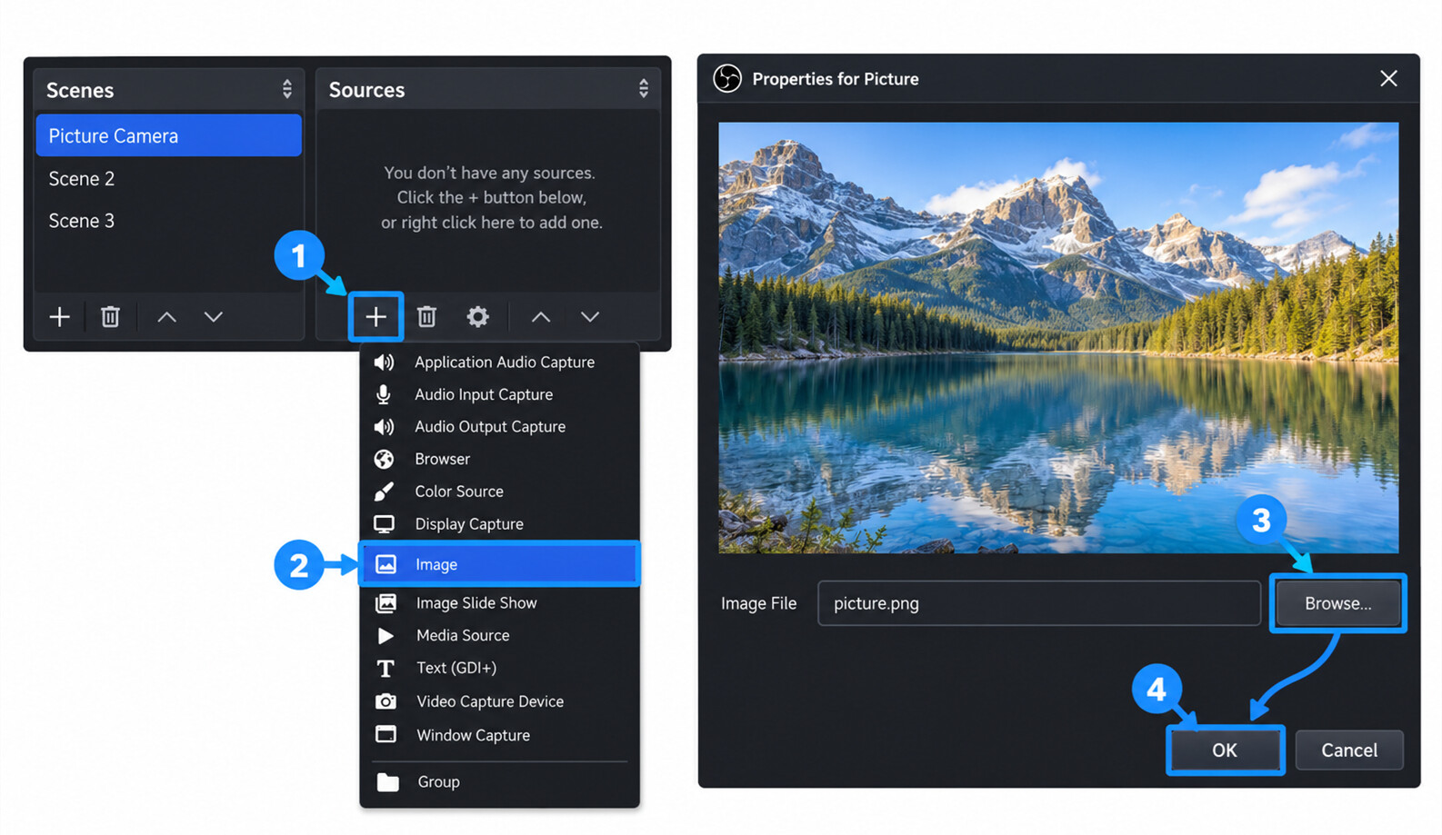 obs virtual camera add image source steps