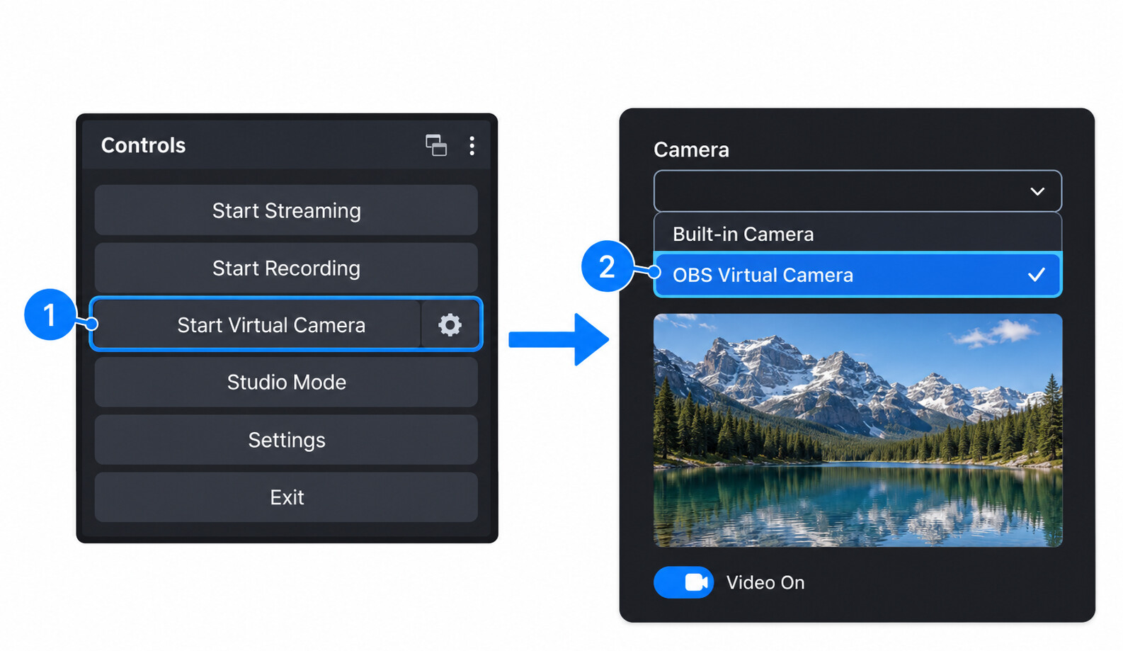 obs virtual camera start select camera steps