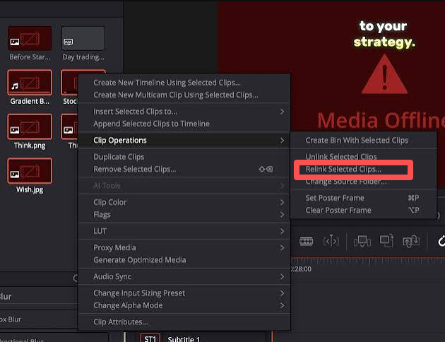 davinci relink selected clips