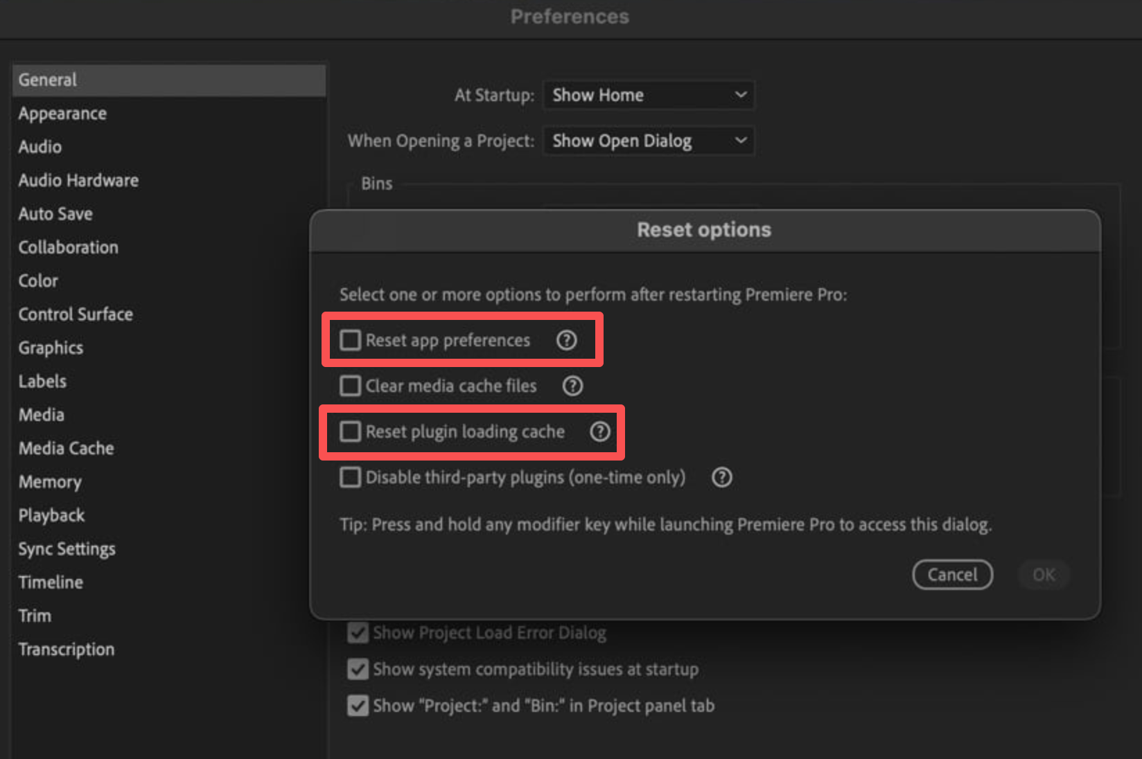reset premiere preferences