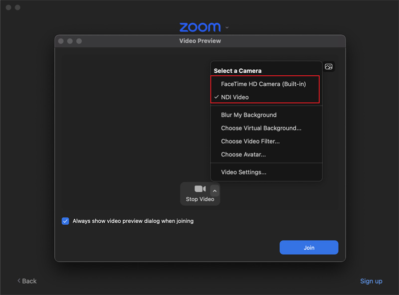 use tail air on zoom via ndi connection(12)