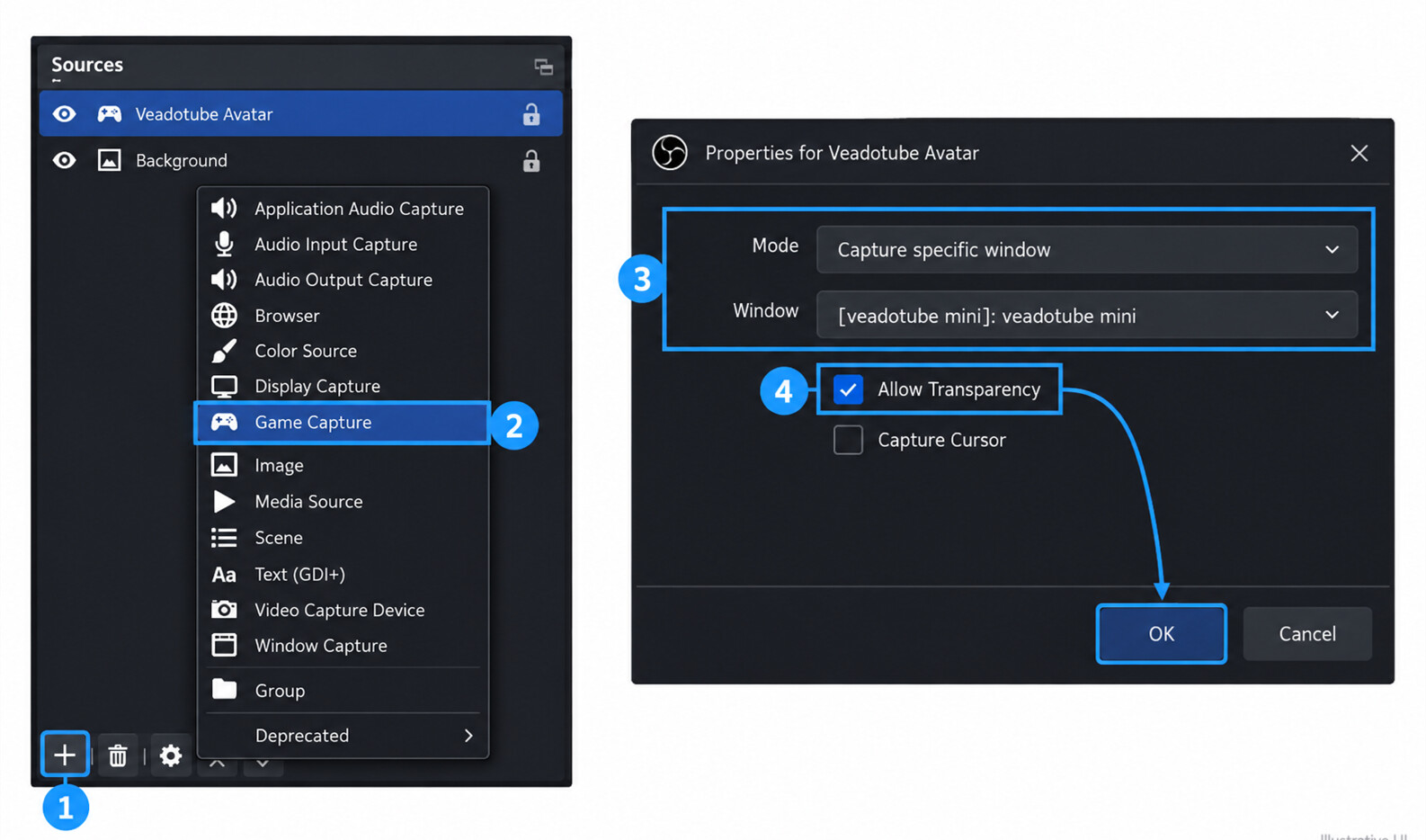 how to make veadotube transparent on obs game capture